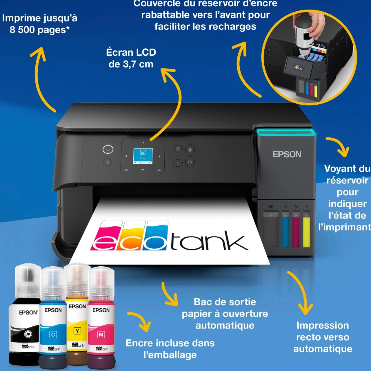 Imprimantes<Epson Solution d’impression A4 Wi-Fi EcoTank ET-2955 équipée de réservoirs d’encre, avec jusqu’à 3 ans d’encre inclus