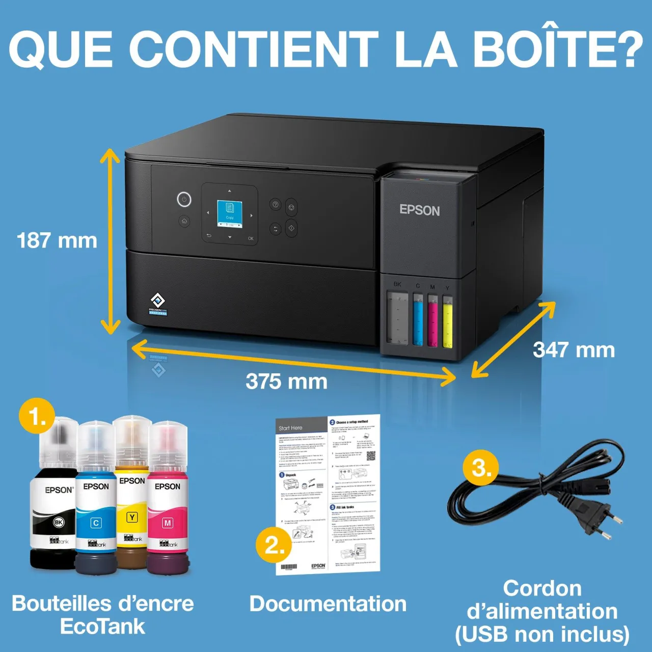 Imprimantes<Epson Solution d’impression A4 Wi-Fi EcoTank ET-2955 équipée de réservoirs d’encre, avec jusqu’à 3 ans d’encre inclus