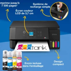 Imprimantes<Epson Solution d’impression multifonction A4 Wi-Fi et AirPrint EcoTank ET-2922 équipée de réservoirs d’encre, écran LCD et jusqu’à 3 ans d’encre inclus