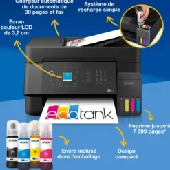 Imprimantes<Epson Solution d’impression multifonction A4 Wi-Fi et AirPrint EcoTank ET-4905 équipée de réservoirs d’encre, d’un écran LCD et d’un chargeur automatique de documents, avec jusqu’à 3 ans d’encre inclus