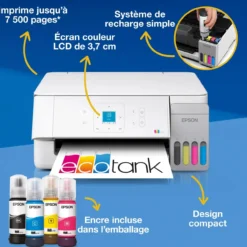 Imprimantes<Epson Solution d’impression multifonction A4 Wi-Fi et AirPrint EcoTank ET-2926 équipée de réservoirs d’encre, écran LCD et jusqu’à 3 ans d’encre inclus